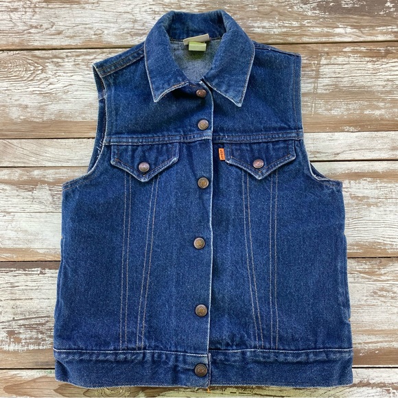 Vintage 80s dark blue denim Levis vest, pockets, snap front, biker hottie, Small - Picture 6 of 15